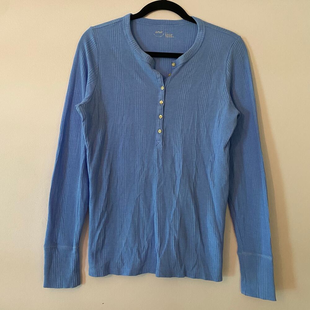 Aerie Blue Waffle Knit Long Sleeve Henley Shirt Loungewear Women's size Large